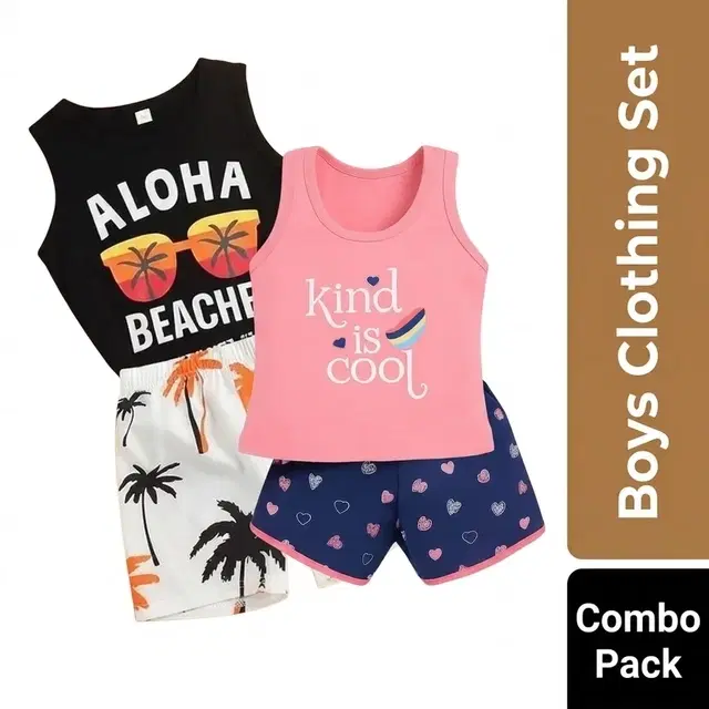 Boys Cotton Blend Printed Clothing Sets - Pack of 2, 3-4 Years