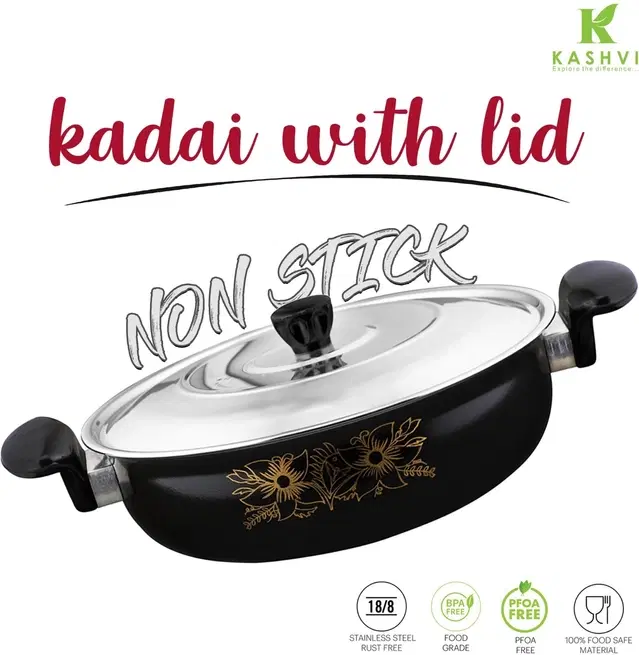 Cast Iron Kadai with Lid, Black & Silver, 28 cm