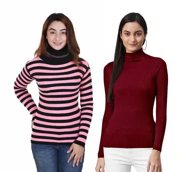 Full Sleeves Solid Sweater for Women, Pack of 2 (Maroon & Pink, M)