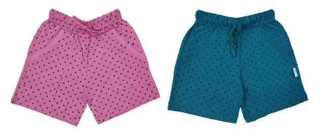 Cotton Blend Polka Dot Printed Shorts for girls, Pack of 2 (Pink & green, 4-5 Years)