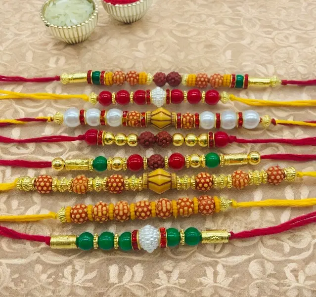 Handmade Designer Rakhi with Roli Chawal, Multicolor, Pack of 8
