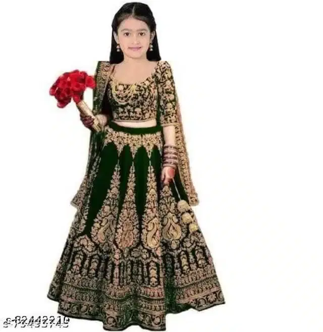 Velvet Semi Stitched Lehenga Choli for Girls (Green, 14-15 Years)