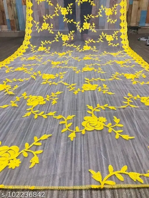 Embroidered Punjabi Net (Yellow, Free Size)
