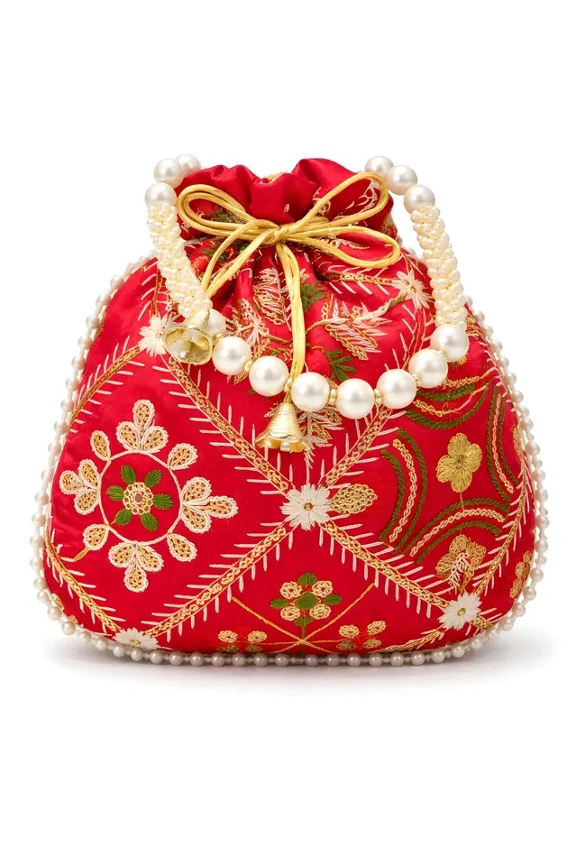 Handcrafted Embroidered Silk Potli Bag, Red