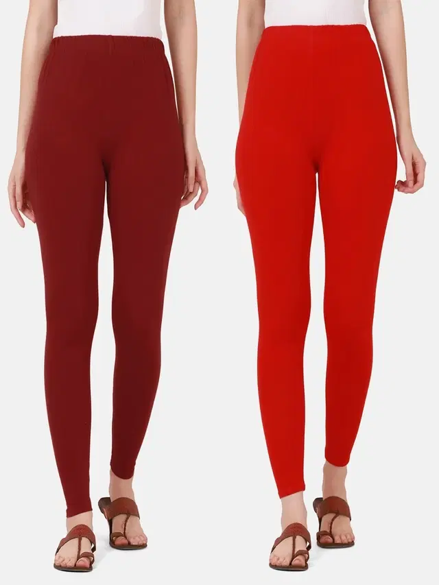 Cotton Solid Leggings for Women, Pack of 2 (Maroon & Red, L)