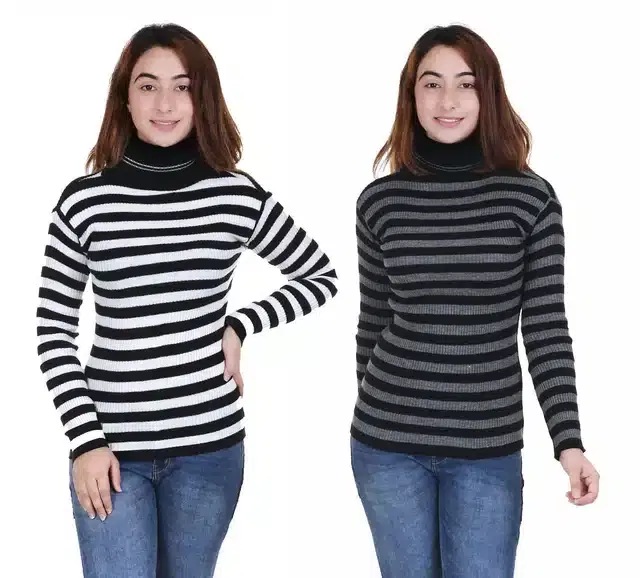 Full Sleeves Striped Sweater for Women, Pack of 2 (Grey & White, S)