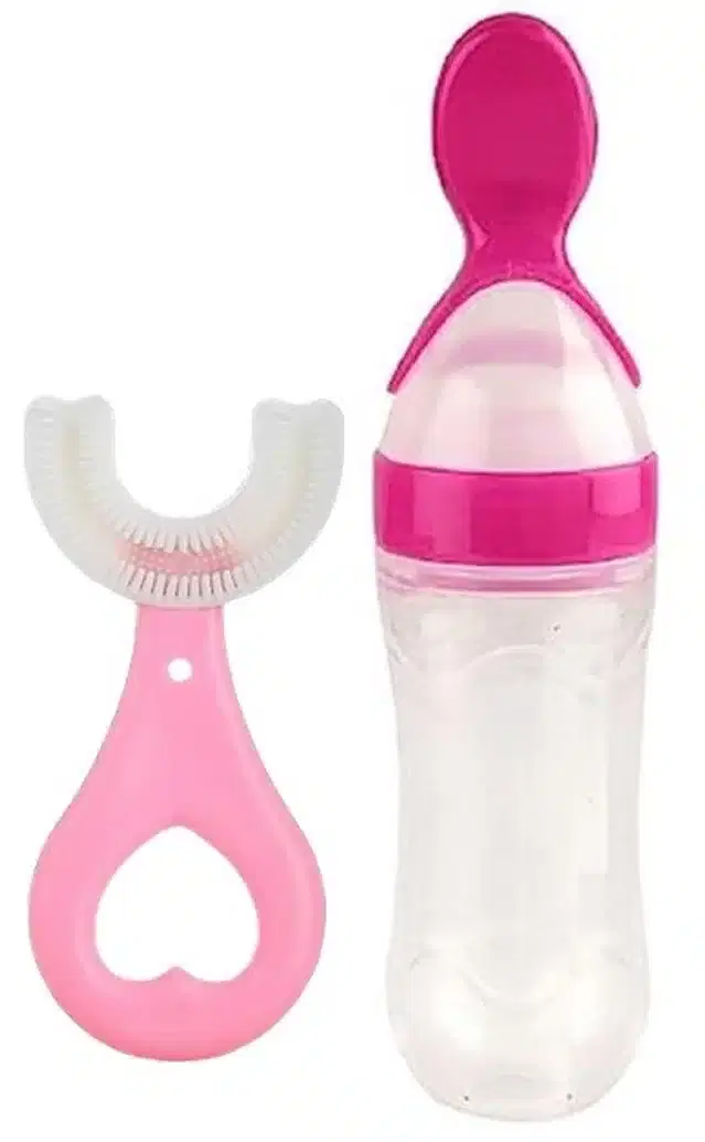 Silicone Baby Feeder Sipper, 90 ml with U-Shape Brush, Pink, Set of 2