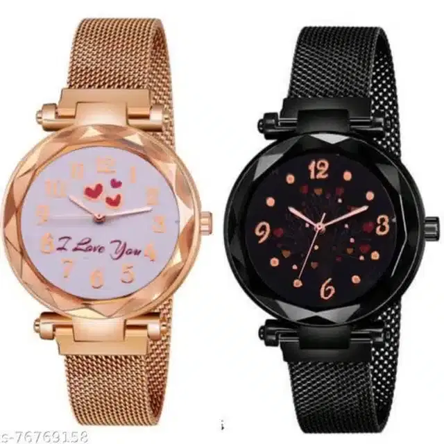 Analog Watch for Women, Set of 2 (Rose Gold & Black)