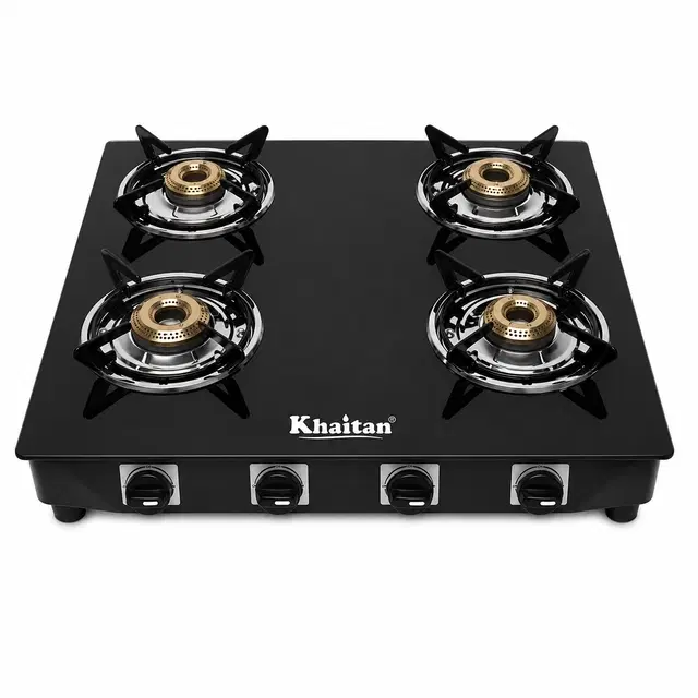 Khaitan 4 Burner Active Forged Black Toughened Glass Manual Gas Stove (4 Burners)