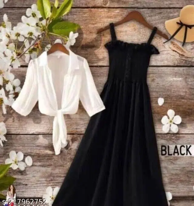 Poly Crepe Dress for Women (Black & White, L)