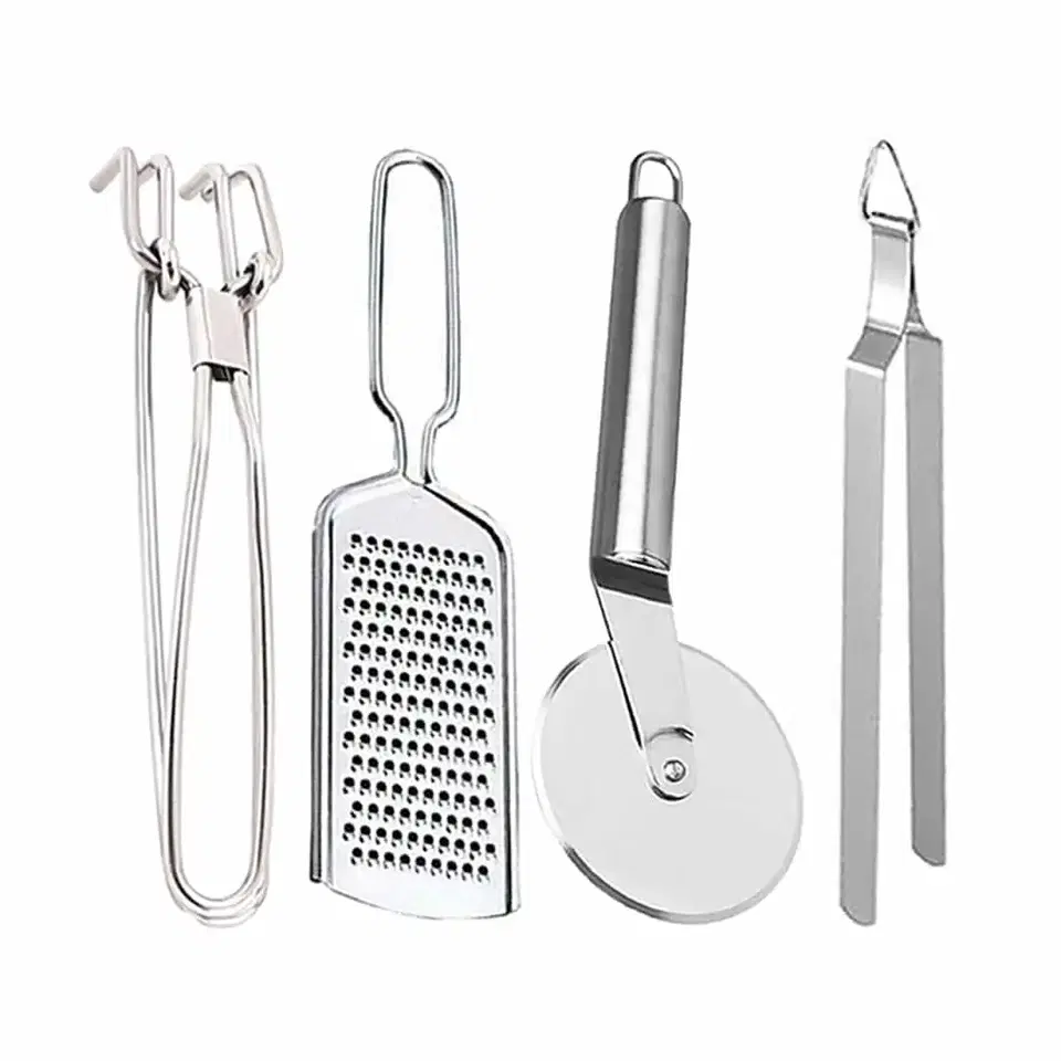 Oc9 Stainless Steel Cheese Grater & Utility Pakkad & Pizza Cutter & Roti Chimta For Kitchen Tool Set
