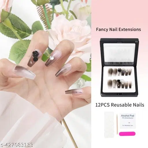 Kamz's Fake Nails Nail Extension Kit - Quick Fix Press On Nails, Aesthetic Acrylic Stick on Nails, Reusable, 12pcs Nails Set for Girls & Kids