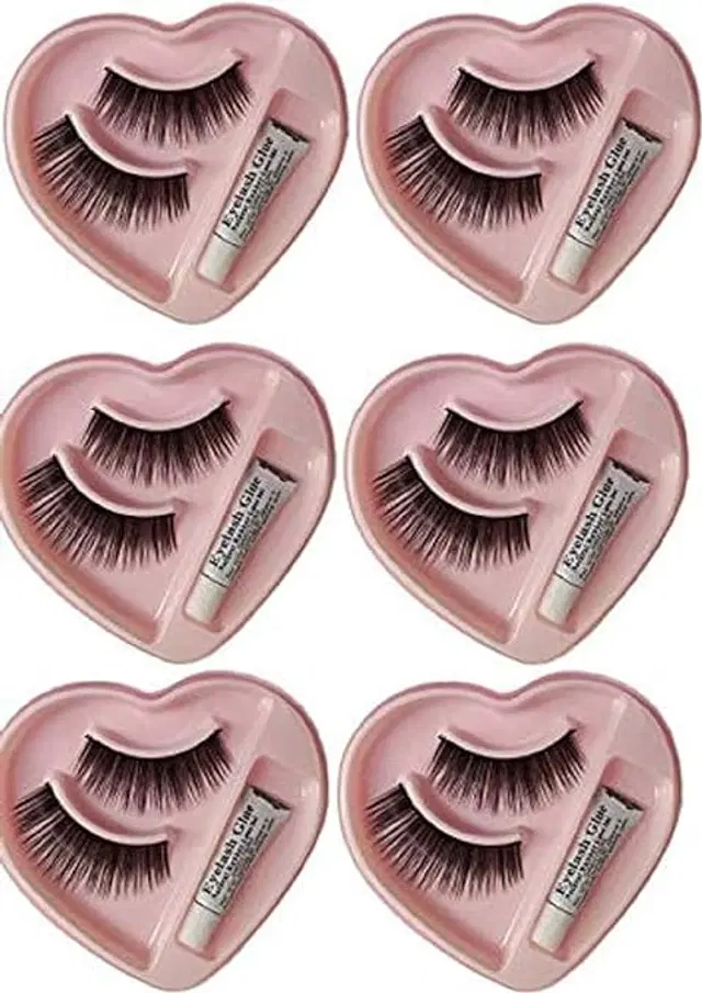 False Eyelashes with Adhesive, Black, Set of 6