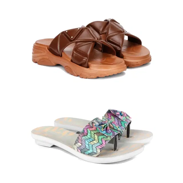 Combo of Sliders & Flats for Women, Set of 2 (Multicolor, 8)