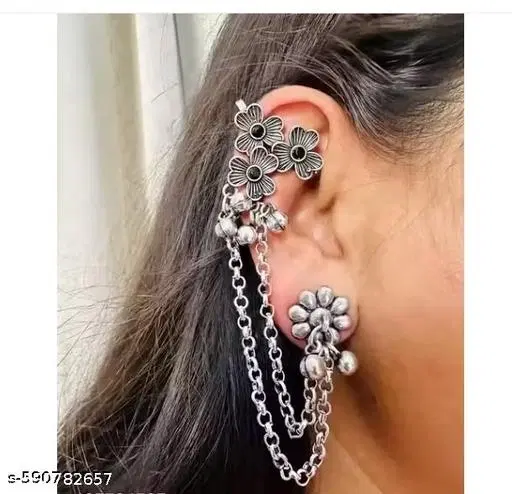 Latest trending ear cuff floral black silver oxidized earrings