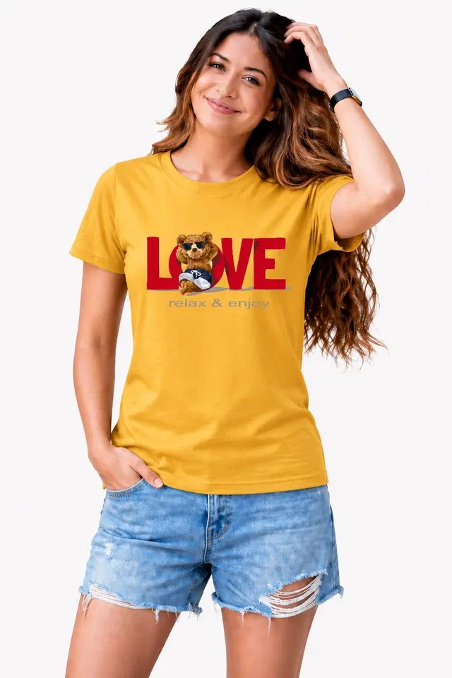 Cotton Blend Tshirts for Women (Mustard, S)