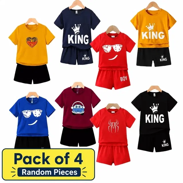 Cotton Blend Printed Clothing Set for Boys, Multicolour, Pack Of 4 (6-7 Years)