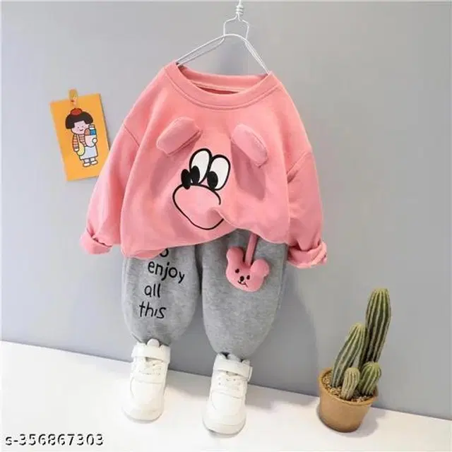 Woolen Solid Clothing Sets for Boys & Girls (Pink & Grey, 1-2 Years)