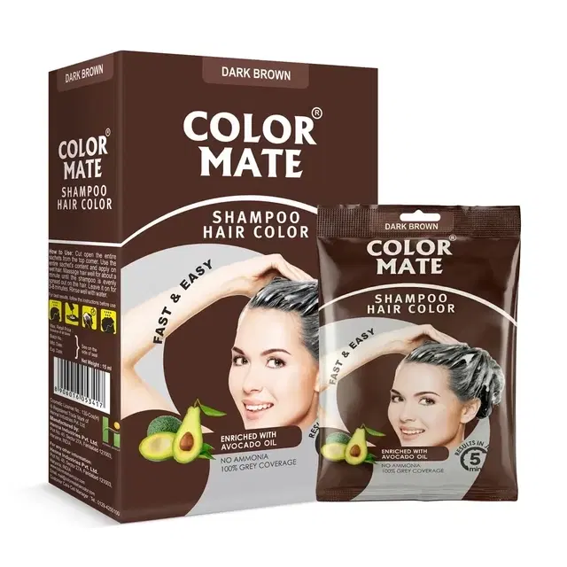 Color Mate Shampoo Hair Color With Avocado Oil | 100% Grey Coverage, Ammonia-Free, Long-Lasting Conditioning Hair Dye For Men & Women | Dark Brown 15 ml (Pack Of 1)