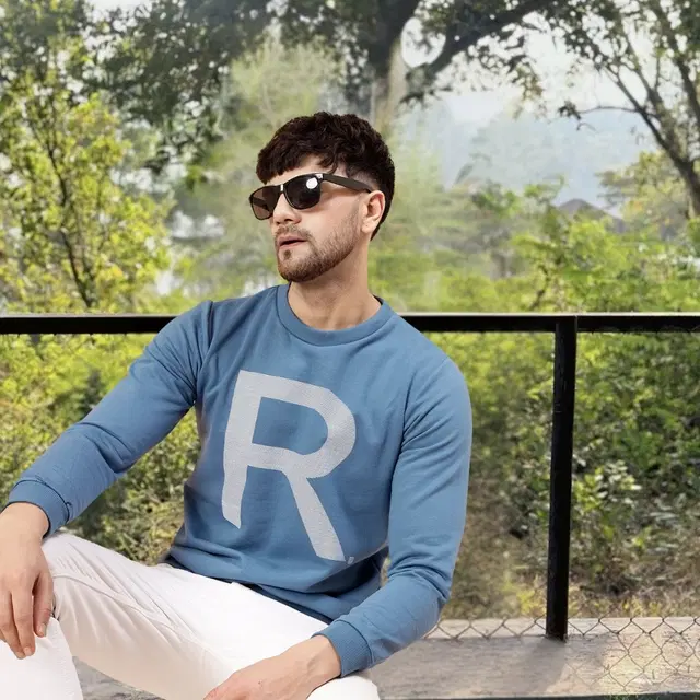 Fleece Printed Sweatshirt For Men, Blue (L)