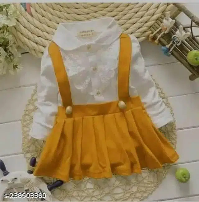 Cotton Blend Full Sleeves Dress for Girls (White & Mustard, 1-2 Years)