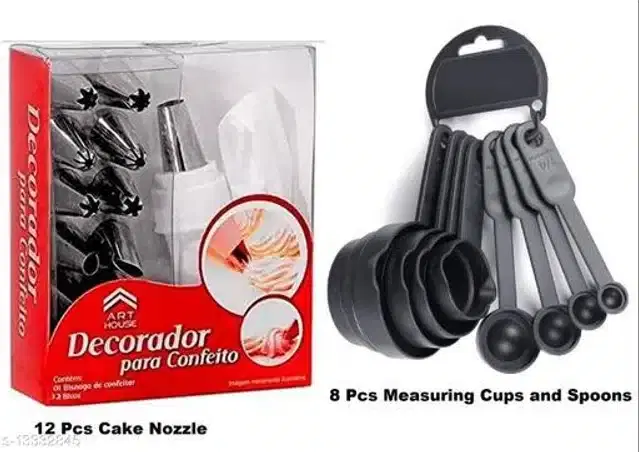 Cake Nozzles, 12 Pcs with 8 Pcs Measuring Cups & Spoons, Silver & Black, Set of 2