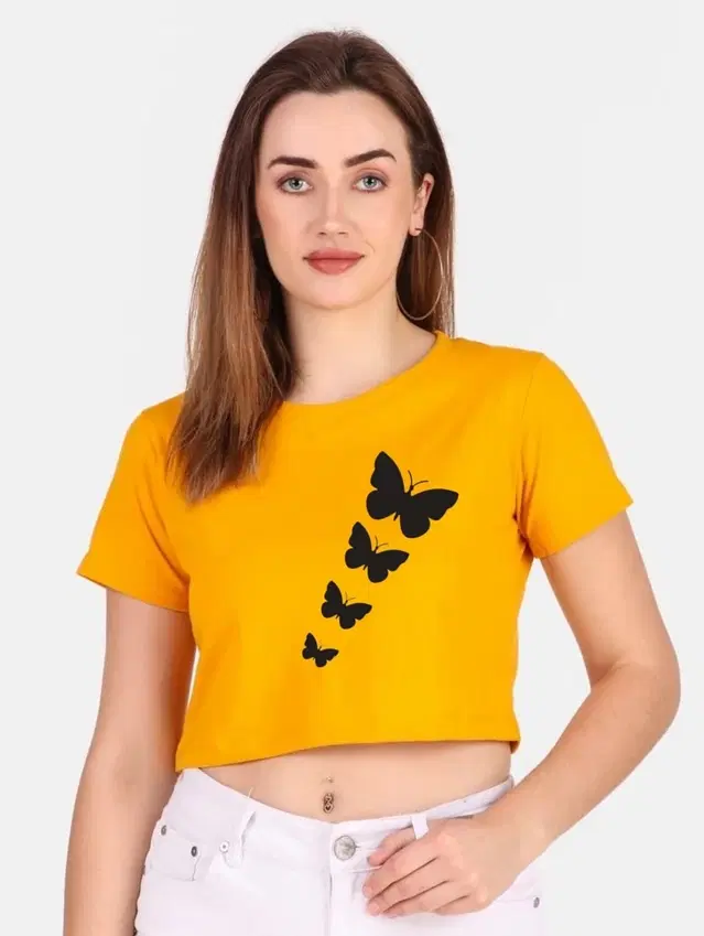 Round Neck Printed Crop Top for Women (Mustard, S)