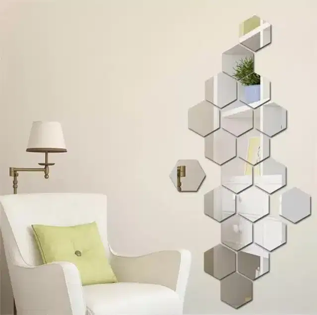 Acrylic Hexagon Shaped Wall Mirror Stickers, Silver, Pack of 20