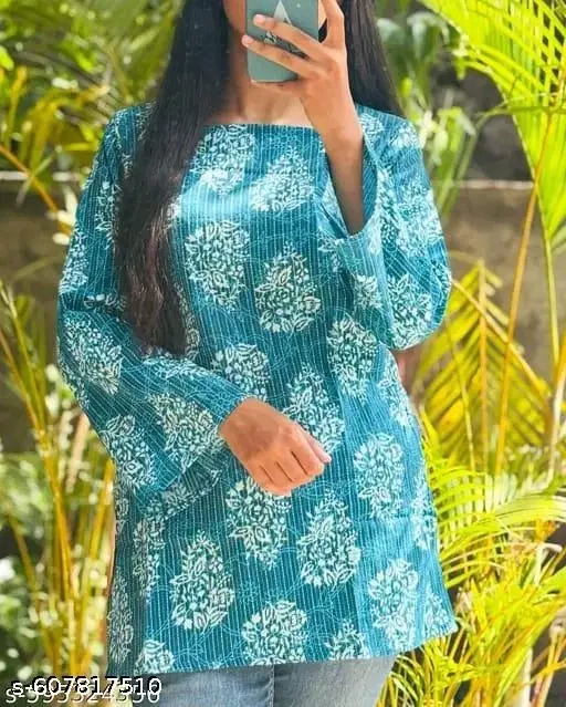 Rayon Printed Short Kurti for Women, Blue (M)