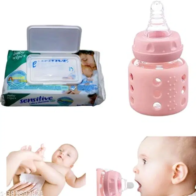 Plastic Milk Bottle, 60 ml with 80 Pcs Baby Wipes, Multicolor, Set of 2