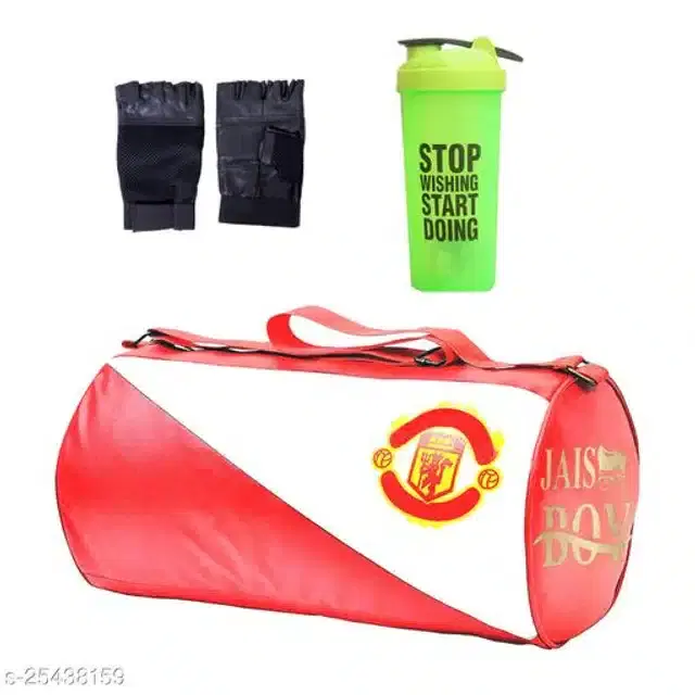 Combo of Gym Bag with Shaker Bottle, 600 ml, Gloves, Multicolor, Set of 3