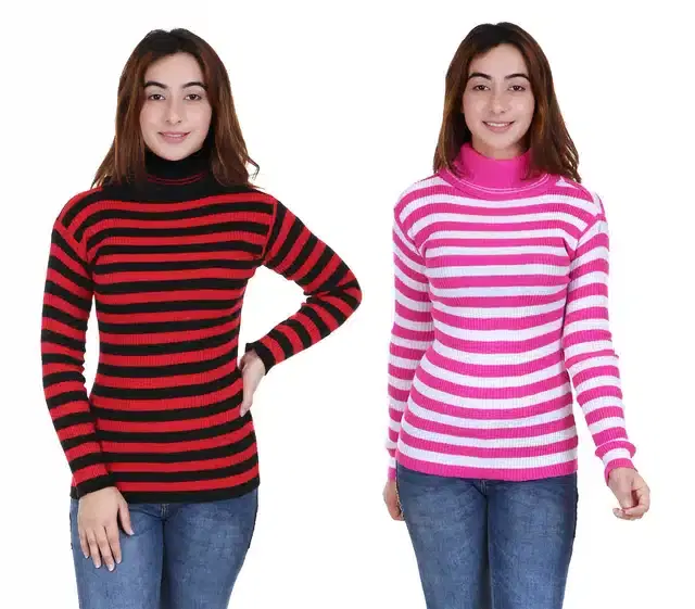 Full Sleeves Striped Sweater for Women, Pack of 2 (Maroon & Pink, S)