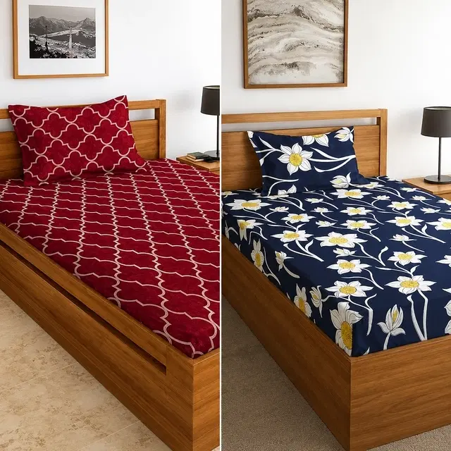Polycotton Single Bedsheet, Maroon & Blue, 60x90 Inch, Pack of 2