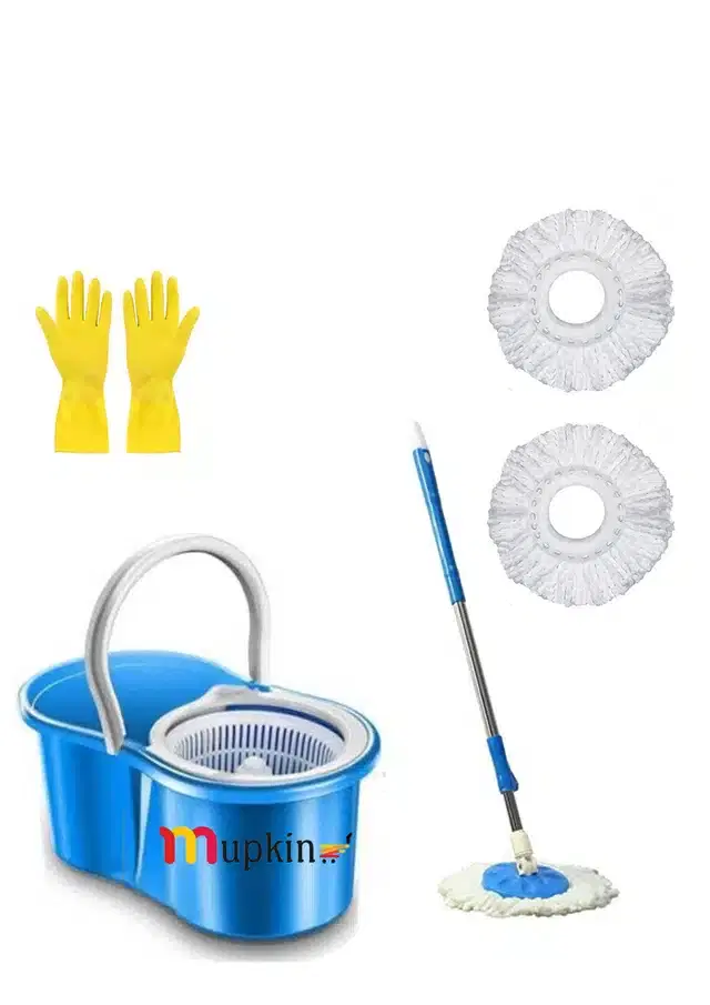 PVC Magic Spin Bucket Mop with 3 Refills & Rubber Cleaning Gloves Set, Blue, Set of 2