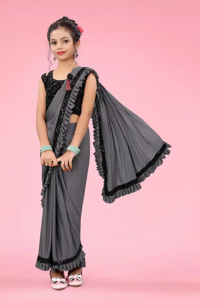 Ready to Wear Saree with Unstitched Blouse for Kids (Grey, 8-9 Years)