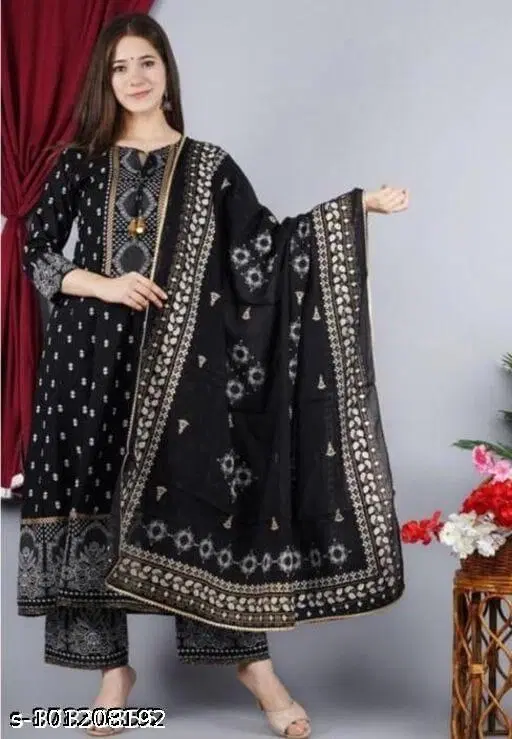 Rayon Printed Anarkali Kurti with Pant & Dupatta Set for Women, Black (M)