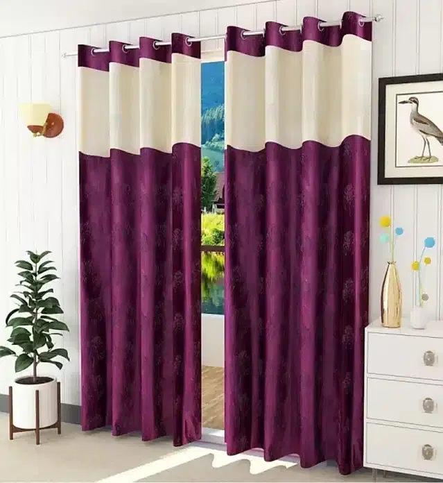 Polyester Patch Worked Window & Door Curtains, Pack of 2, Wine, 5 feet