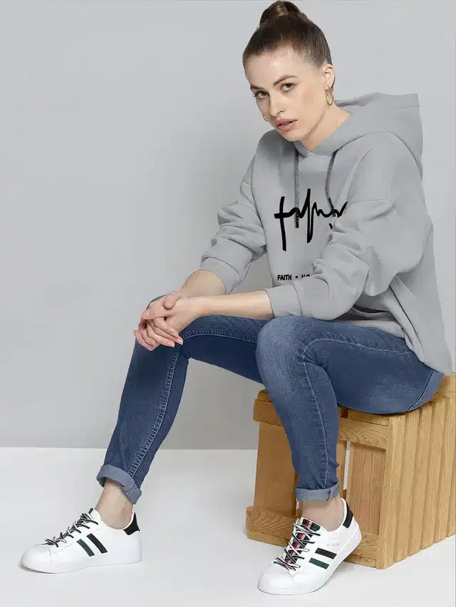 Full Sleeves Printed Hoodie for Women (Grey, L)