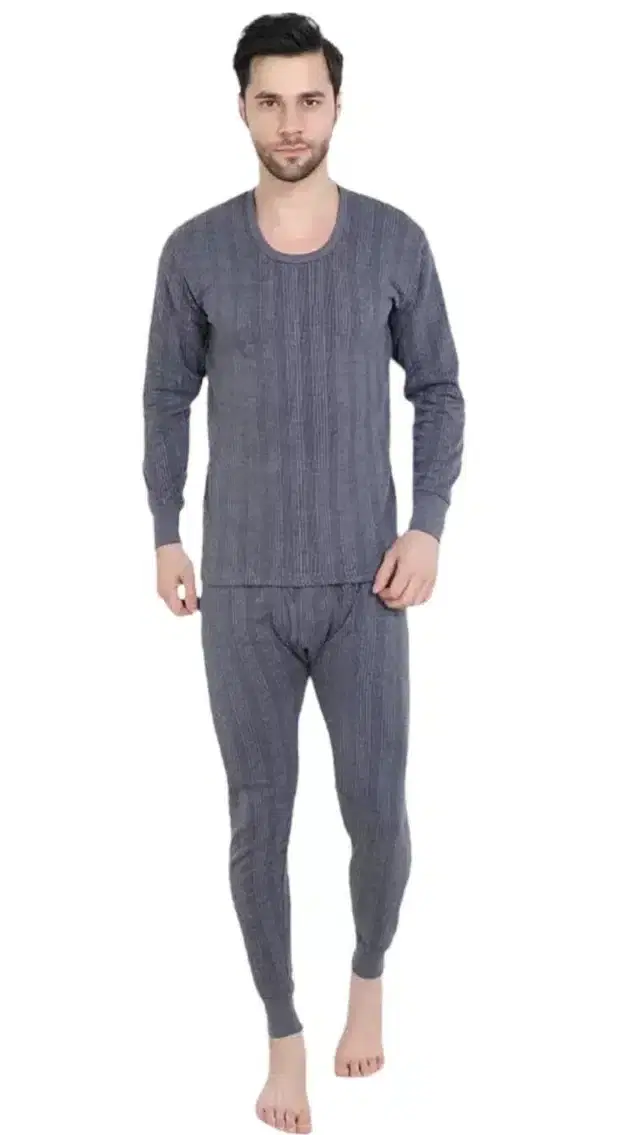 Cotton Blend Solid Thermal Set for Men (Blue, XL)