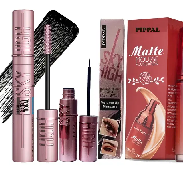 Pippal Matte Mouse Foundation, 60 ml with Sky High Mascara, 12 ml & Eyeliner, 6 ml, Set of 3