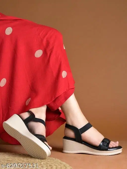 Solid Wedge Sandals for Women (Black, IND-7)