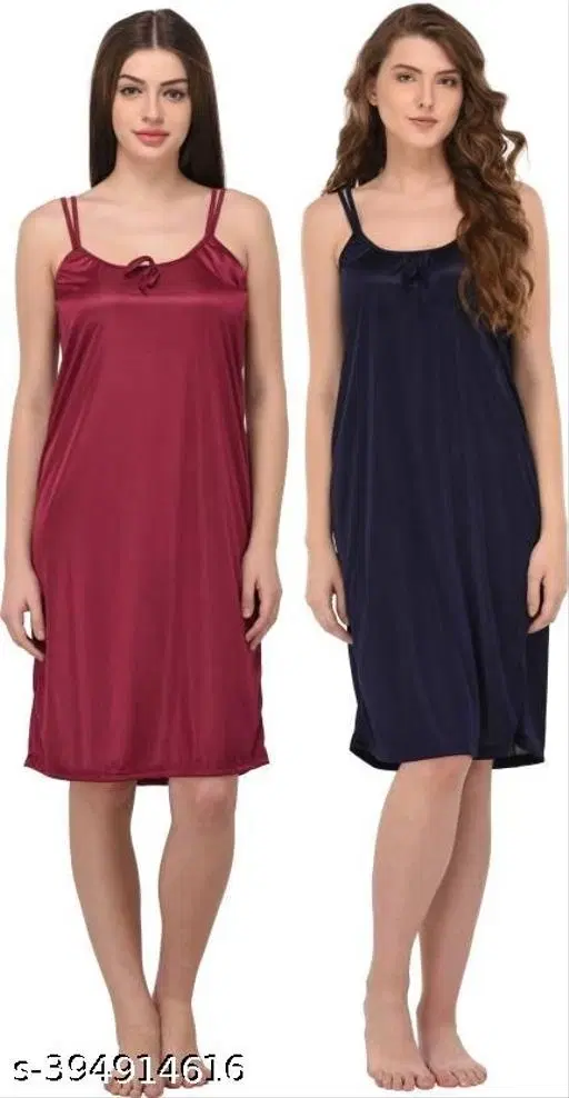Satin Solid Nightdress for Women, Navy Blue & Dark Pink, Pack of 2 (S)