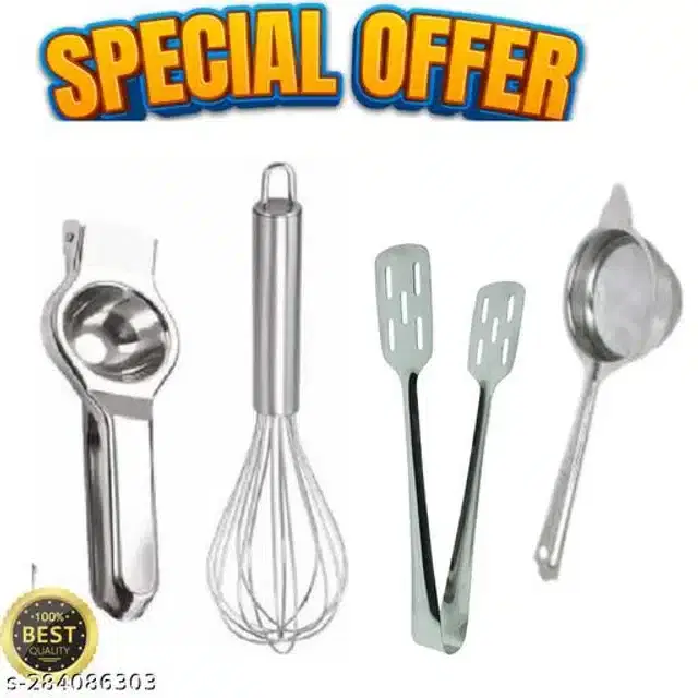 Stainless Steel Whisk with Tea Strainer, Lemon Squeezer & Cooking Tong, Silver, Set of 4