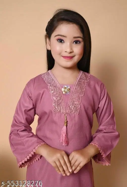 Botanical Rayon Kurta Set with Embroidery for Girls (Dusty Pink, 11-12 Years)