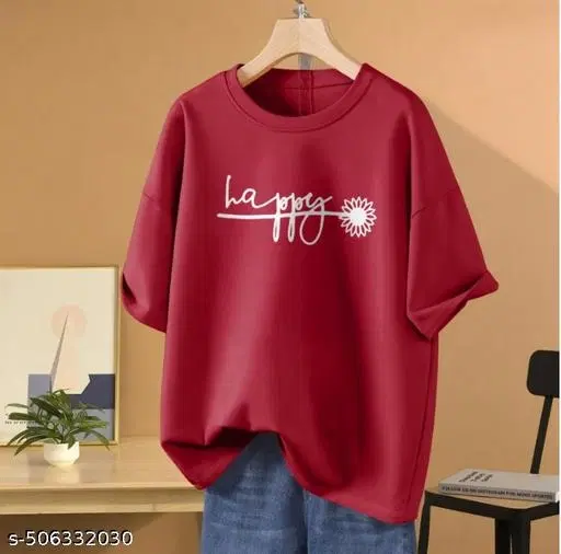 Cotton Blend Printed T-shirt for Women, Red (XXS)