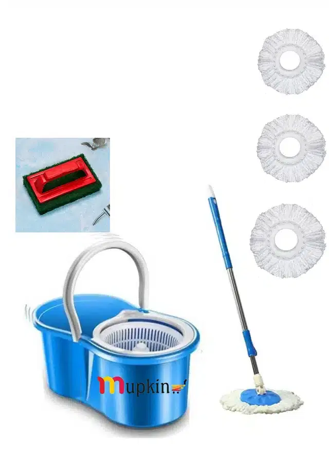 PVC Magic Spin Bucket Mop with 4 Refills & Cleaning Brush Set, Blue, Set of 2