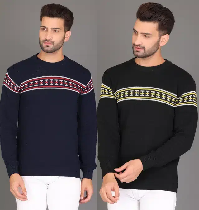 Cotton Jersey Printed Sweater for Men, Pack of 2 (Navy Blue & Black, M)