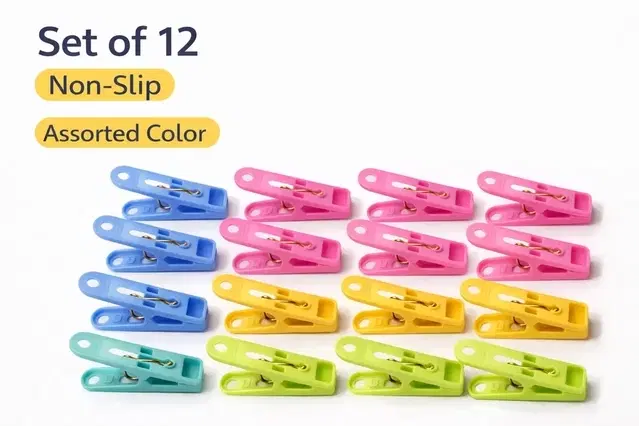 Strong Grip Plastic Clothes pins Set 12 Mini -Piece  Laundry Clips for Clothes Drying – Non-Slip, Durable, MultiColor Pegs