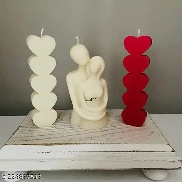 Cute Couple with 2 Pcs Heart Pillar Shaped Cancles, Cream & Red, Set of 2