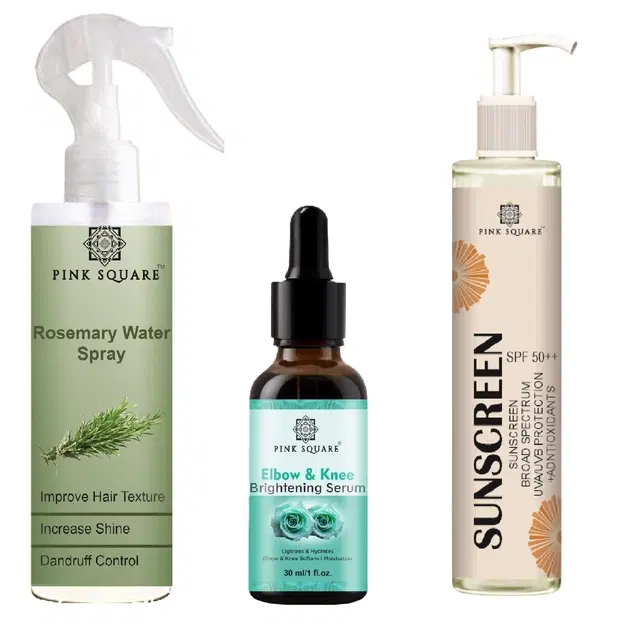 Pink Square Rosemary Hair Spray, 100 ml with Elbow & Knee Whitening Serum, 30 ml & Spf Sunscreen Lotion, 100 ml, Set of 3
